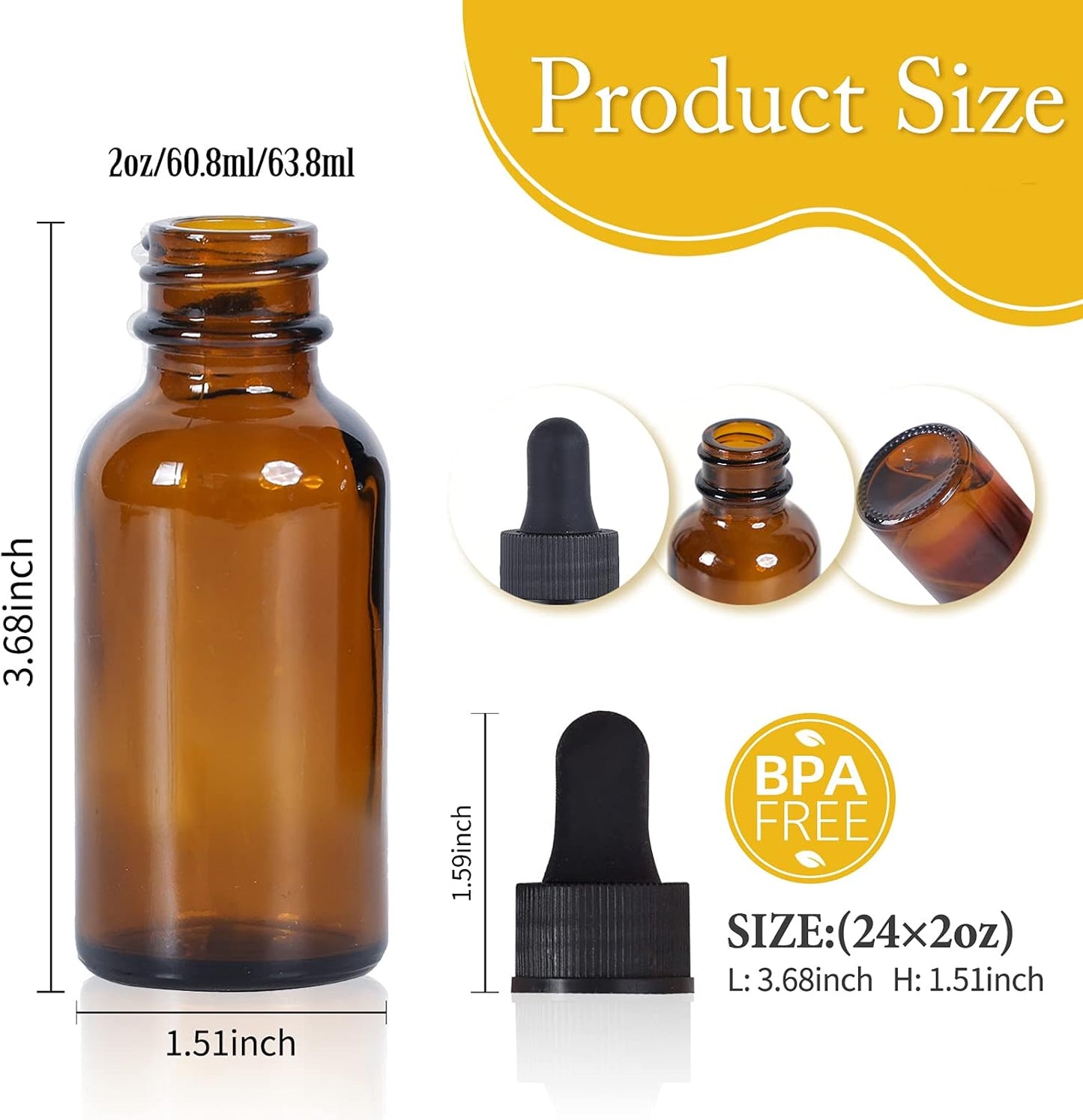 2 oz Dropper Bottle 24 Pack Amber Glass Boston Bottles 60ml with Eye Droppers Black Caps for Essential Oils, Perfume, Leak Proof Travel Bottles for Liquids