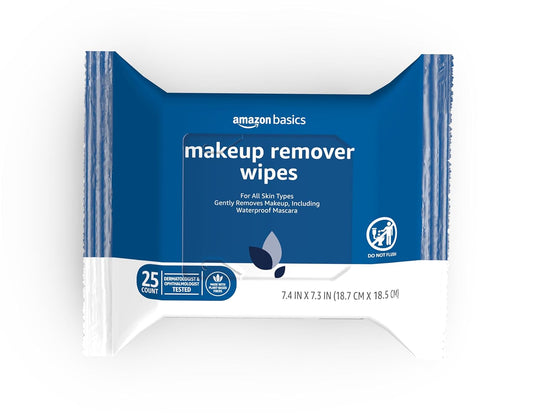 Amazon Basics Makeup Remover Wipes, Gentle Cleansing, Dermatologist Tested, Original, Plant Based, Alcohol Free, Removes Waterproof Mascara, 25 Count Per Pack, Pack of 1 (Previously Solimo)