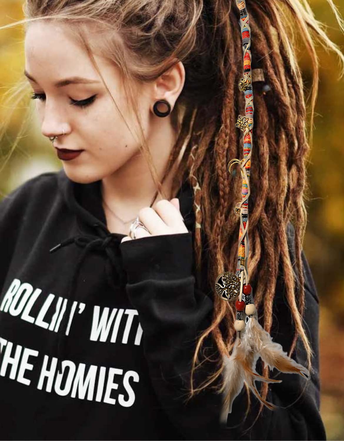 2 PCS Hippie Hair Extension Dreadlocks Hairclip Feather Beads Pendant Colorful Dread Accessory for Braids and Curls