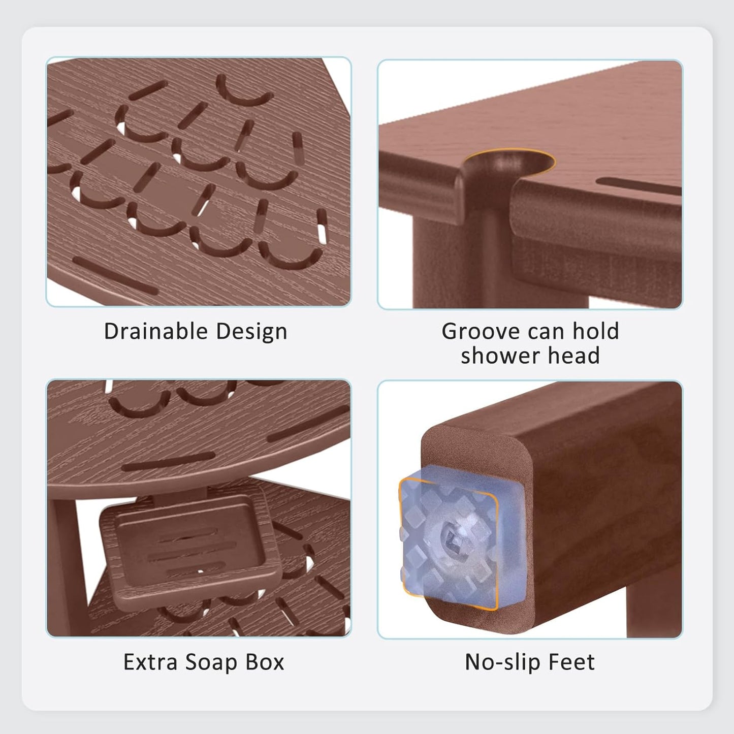 nalone Corner Shower Stool, HDPE Shower Bench for Inside Shower, Small Shower Chair Seat for Shaving Legs with Storage Shelf, Soap Box and No-Slip Feet (Brown)