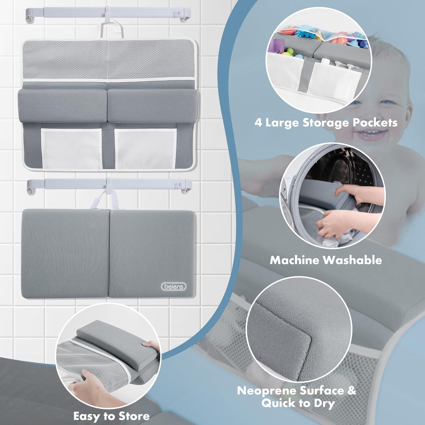 beiens Bath Kneeler and Elbow Rest Pad Set - 1.5'' Comfortable Thick Baby Bath Kneeler Pads, Quick Dry Soft Kneeling Pad for Baby Bath Time, Non-Slip Knee& Arm Support Bathtub Mat with Toys Organizer