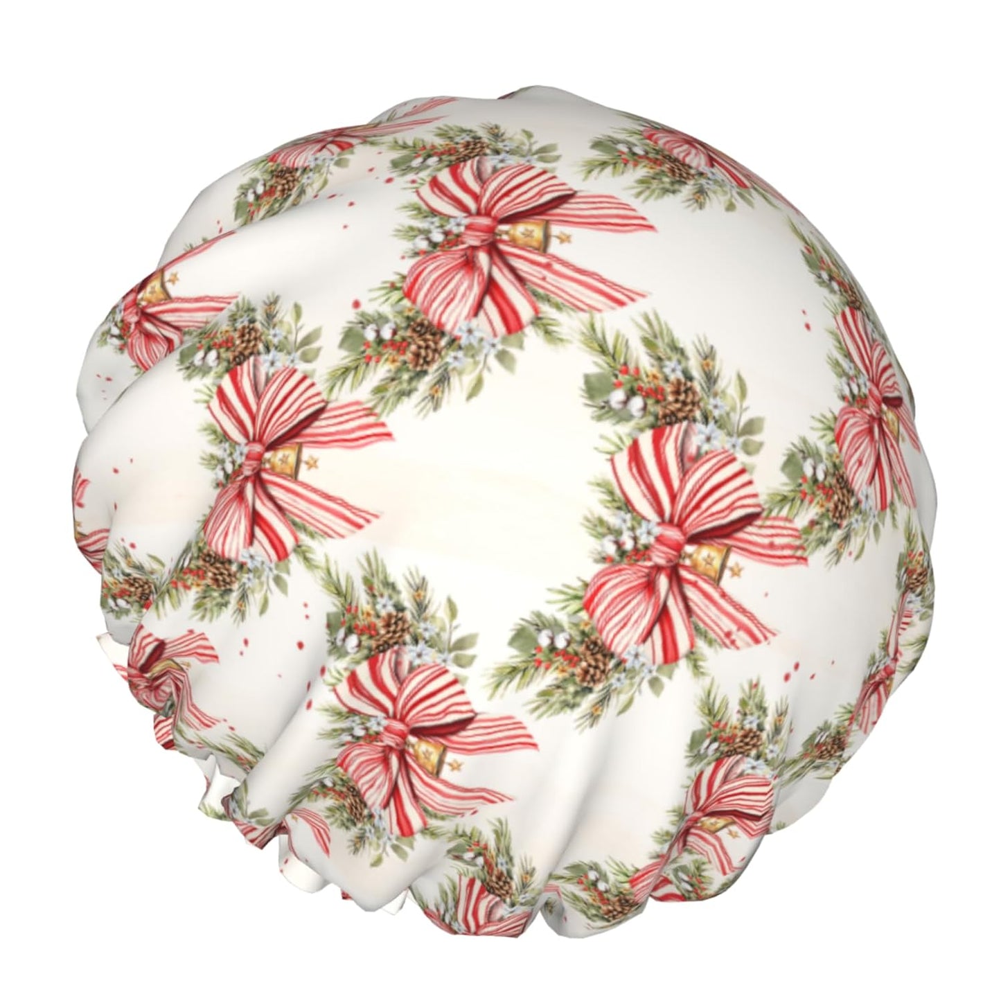 Xmas Shower Caps for Women Reusable Red Striped Bowknot Holly Berry Double Waterproof Layers Bath Hair Hat with Elastic Band Protects Hair in Shower Cooking Clean Makeup