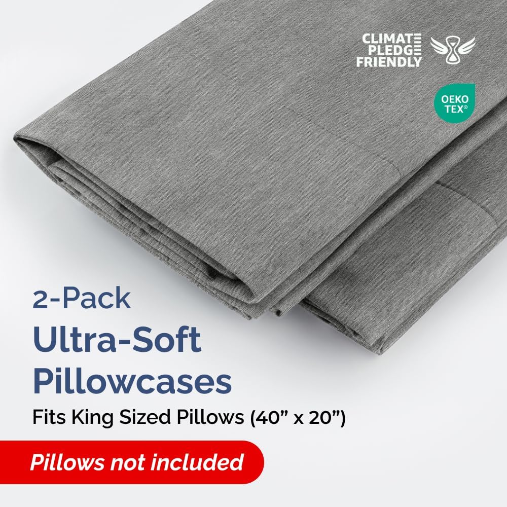 King Pillow Cases Set of 2 - Ultra Soft Hotel Quality Pillowcase Covers - Comfy, Cozy & Wrinkle Free - Shrinkage and Fade Resistant - Machine Washable Pillow Protectors - 2 Piece Set - Heathered Grey