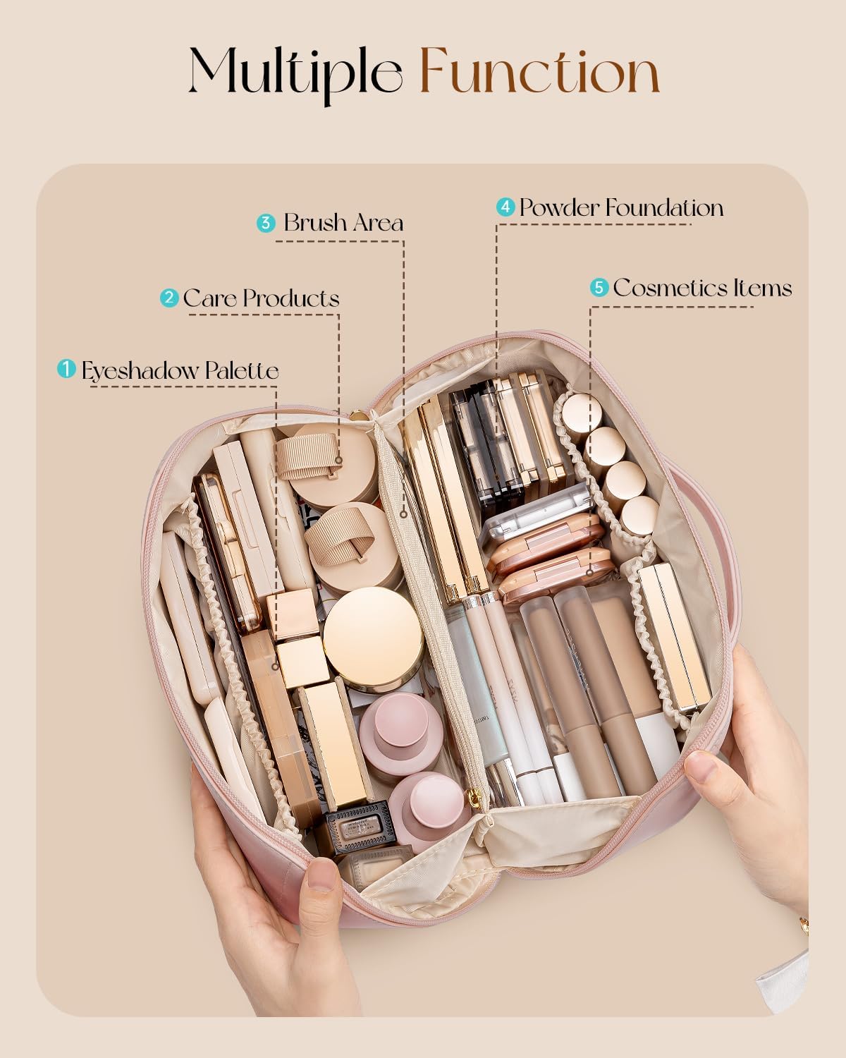 Vlando Makeup Bag,Large Capacity Travel Toiletry Bag,Cosmetic Bags for Women PU Leather Waterproof Portable Pouch with Divider & Handle-Pink