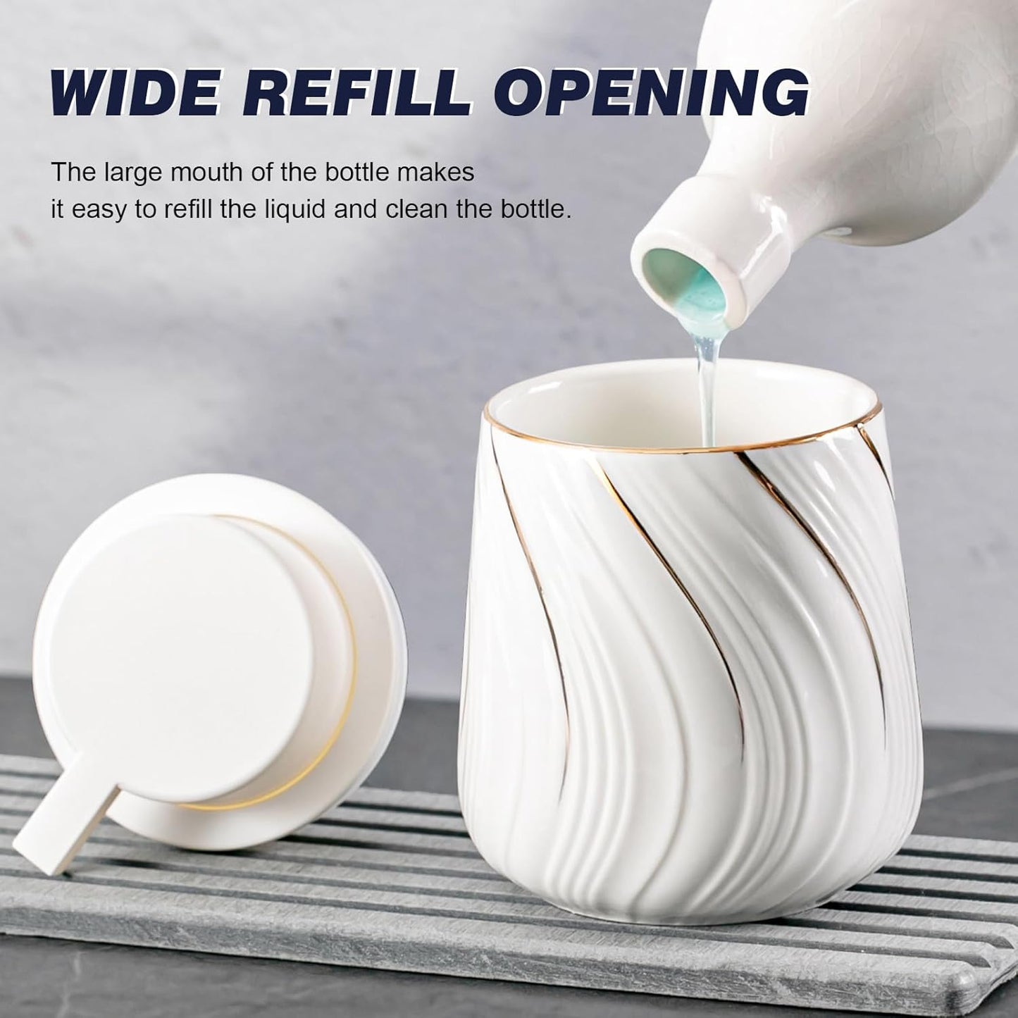 Foam Hand Soap Dispenser - 13.5 oz Ceramic foaming Hand soap Dispenser with Easy-to-Press Pump for Bathroom refillable Liquid Hand soap Dispenser (Foam-White with Gold Thread)