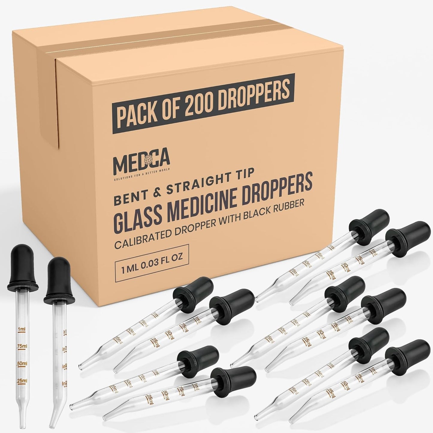 MEDca Eye Dropper - (Pack of 200 Bulk) Bent & Straight Tip Calibrated Glass Medicine Droppers for Medications or Essential Oils Pipette Dropper for Accurate Easy Dose and Measurement (1 mL Capacity)