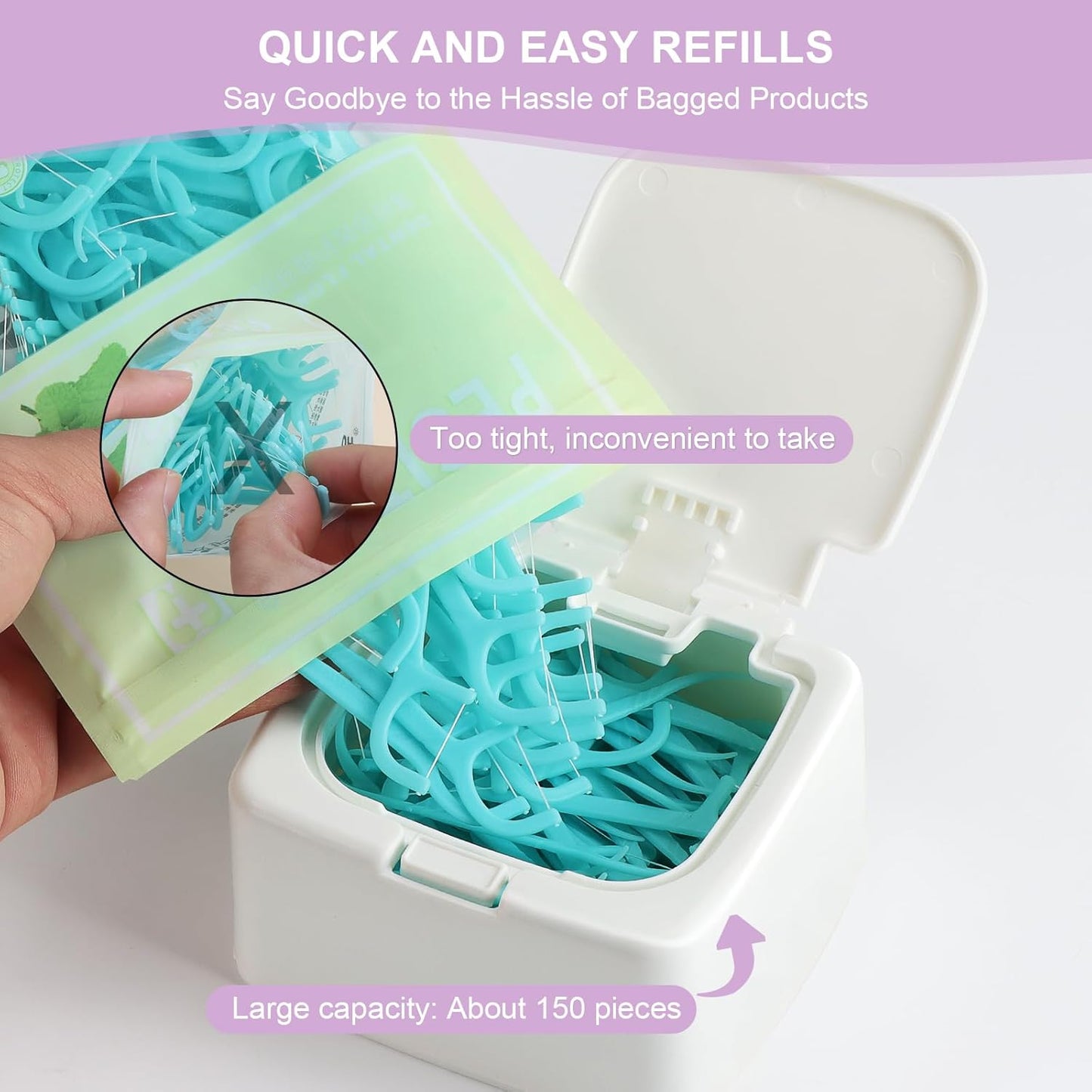 JGB Floss Pick Dispenser,2Packs Refillable Press Flip Floss Sticks Holder,Reusable Floss Pick Case For Cotton Swabs,Balls,Pads,Qtip - Square Storage Box For Home,Hotel,Office Organizers - White