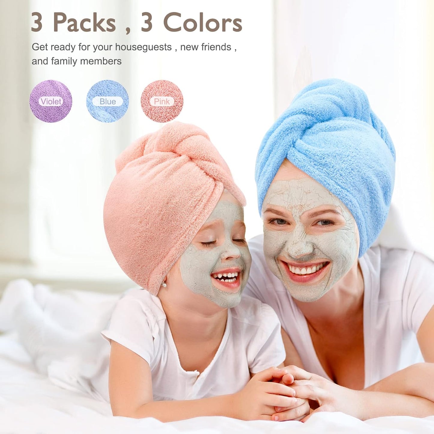 BEoffer Microfiber Hair Towel, 3 Pack Turbans for Women, Men, Kids, Quick Dry Wrap for Curly, Long Hair, Anti-Frizz (Purple+Pink+Blue)