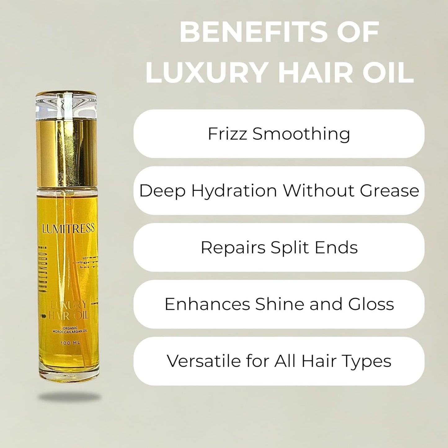 Luxury Hair Oil, Leave-in Treatment, Frizz Control, Split End Repair