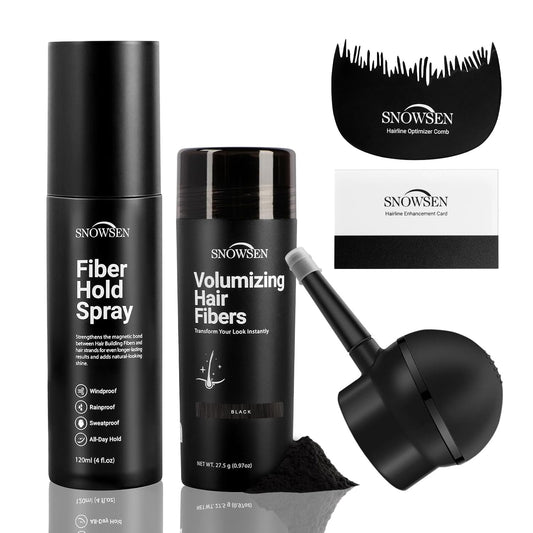 Hair Building Fibers for Thinning Hair, Black, 27.5g, Professional 5-in-1 Hair & Beard Styling Set with Applicator Pump, Hair Fibers Barber Enhancement Spray for Men & Women