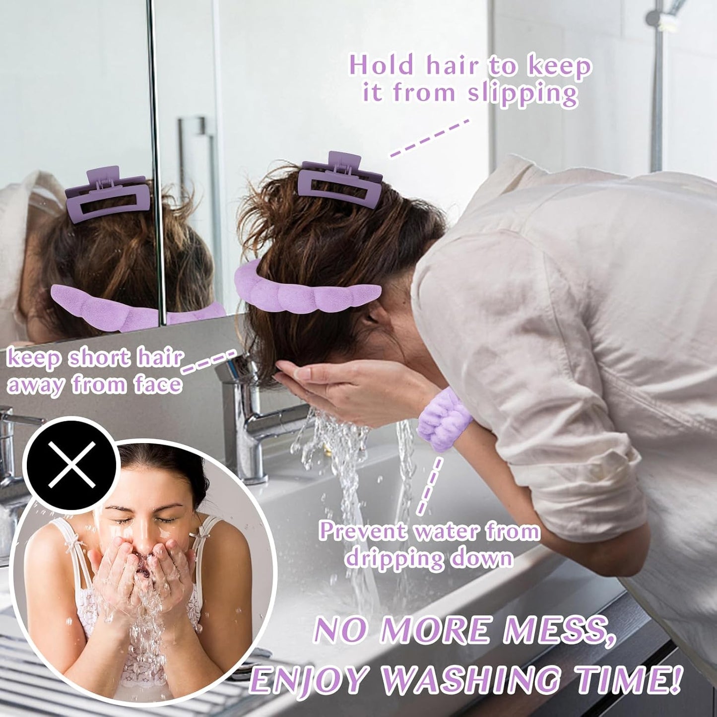 Wecoe Spa Headband And Wristband Set Skincare Headband For Washing Face Hair Claw Clips For Thick Hair Cute Purple Puffy Sponge Makeup Bubble Head Band Wrist Towels Scrunchies For Women Girls