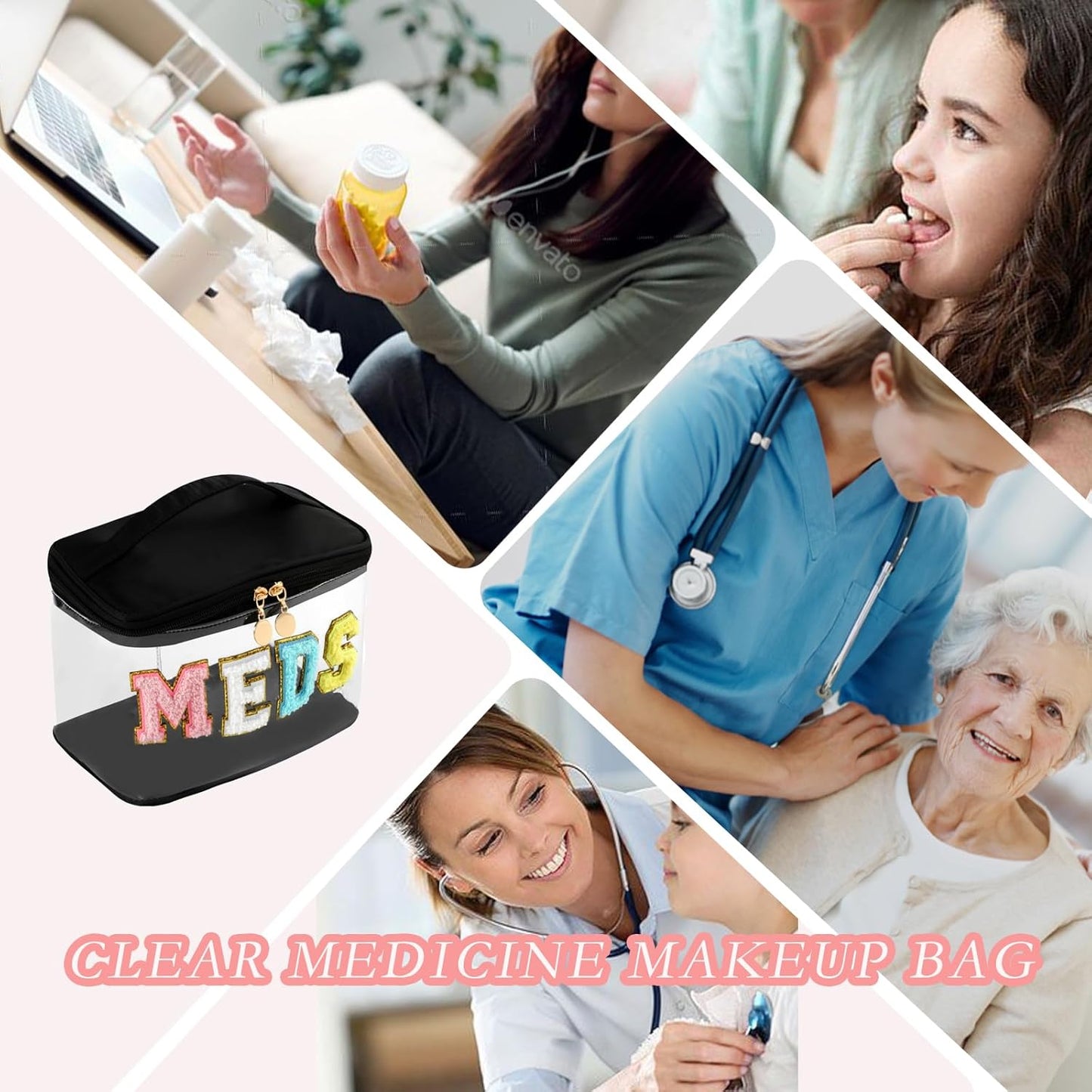 Personalized Chenille Letter Clear Medicine Makeup Bag, Large Size Waterproof Nylon Cosmetic Toiletry Storage bag with Top Handle, Transparent Meds First Aid Travel Organizer Cosmetic Bag(04Black)