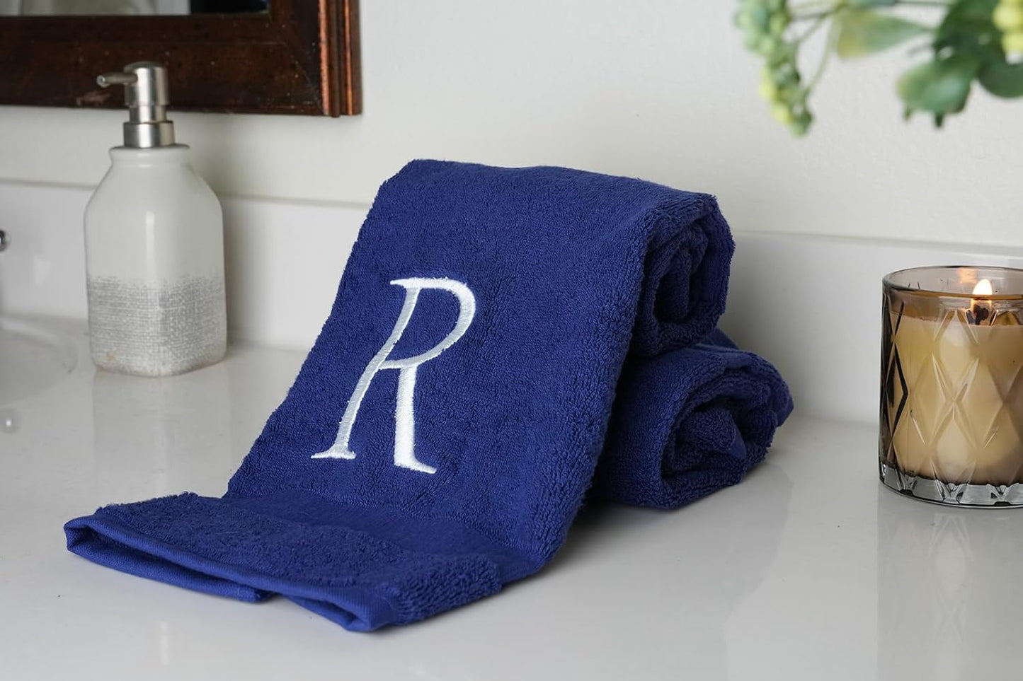 White and Navy Monogrammed Hand Towel - Monogram Initial Hotel Quality Decorative Embroidered Luxury Towel for Powder Room, Spa - GOTS Organic Certified - Pack of 2, Letter R