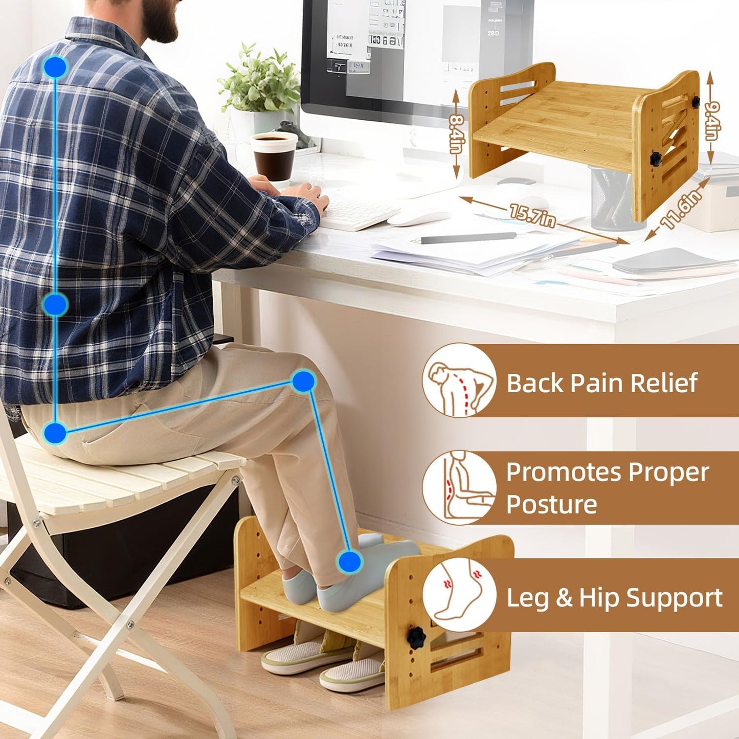 Myplace Bamboo Adjustable Under Desk Footrest with Memory Foam Pad - Ergonomic Foot Rest with 7-Level Adjust, Slanted Foot Rest Stool for Home Office Kitchen Bedroom (Burlywood)