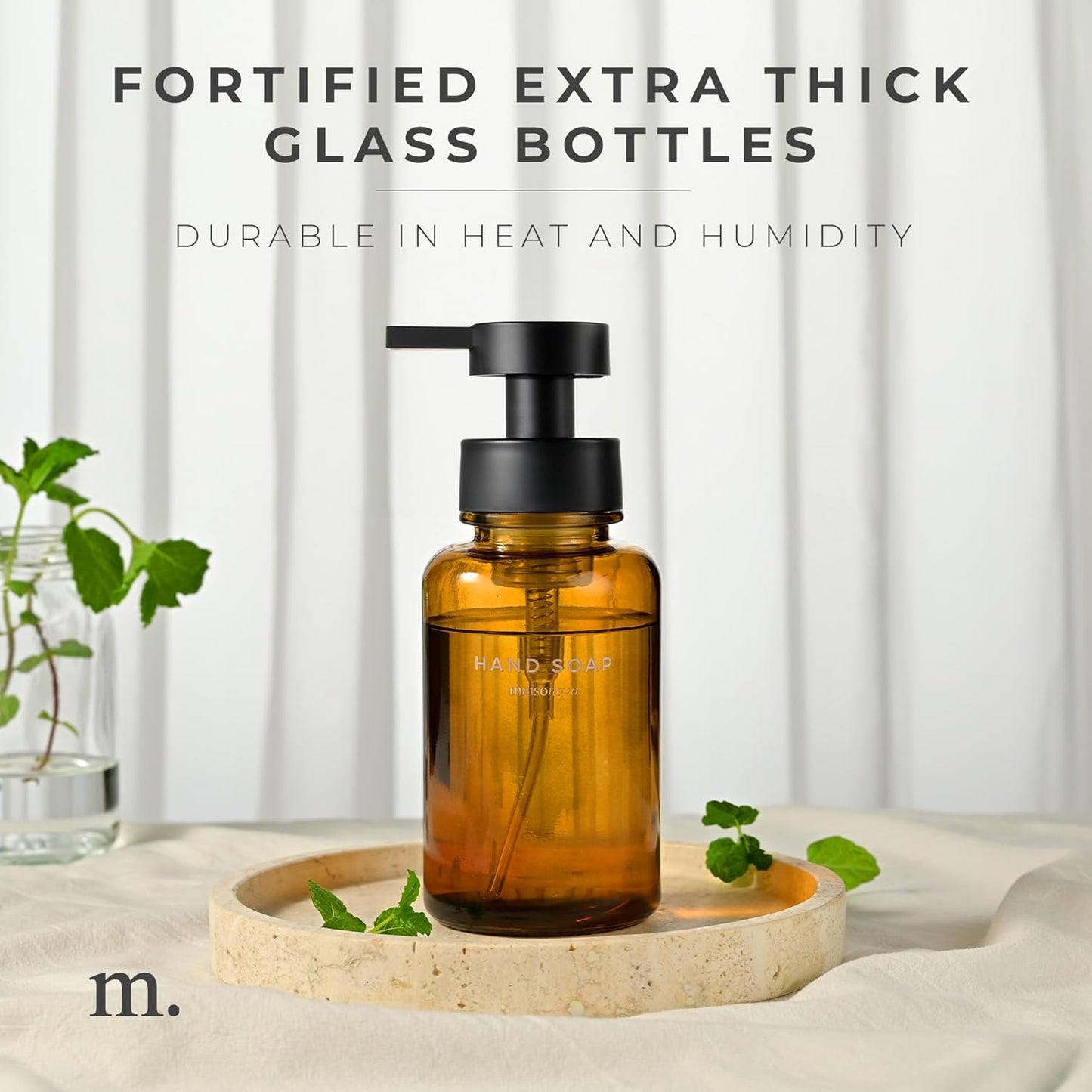 MaisoNovo Glass Foaming Hand Soap Dispenser 14 Oz | Amber Foaming Soap Dispenser Black Plastic Pump x 1 w/Labels