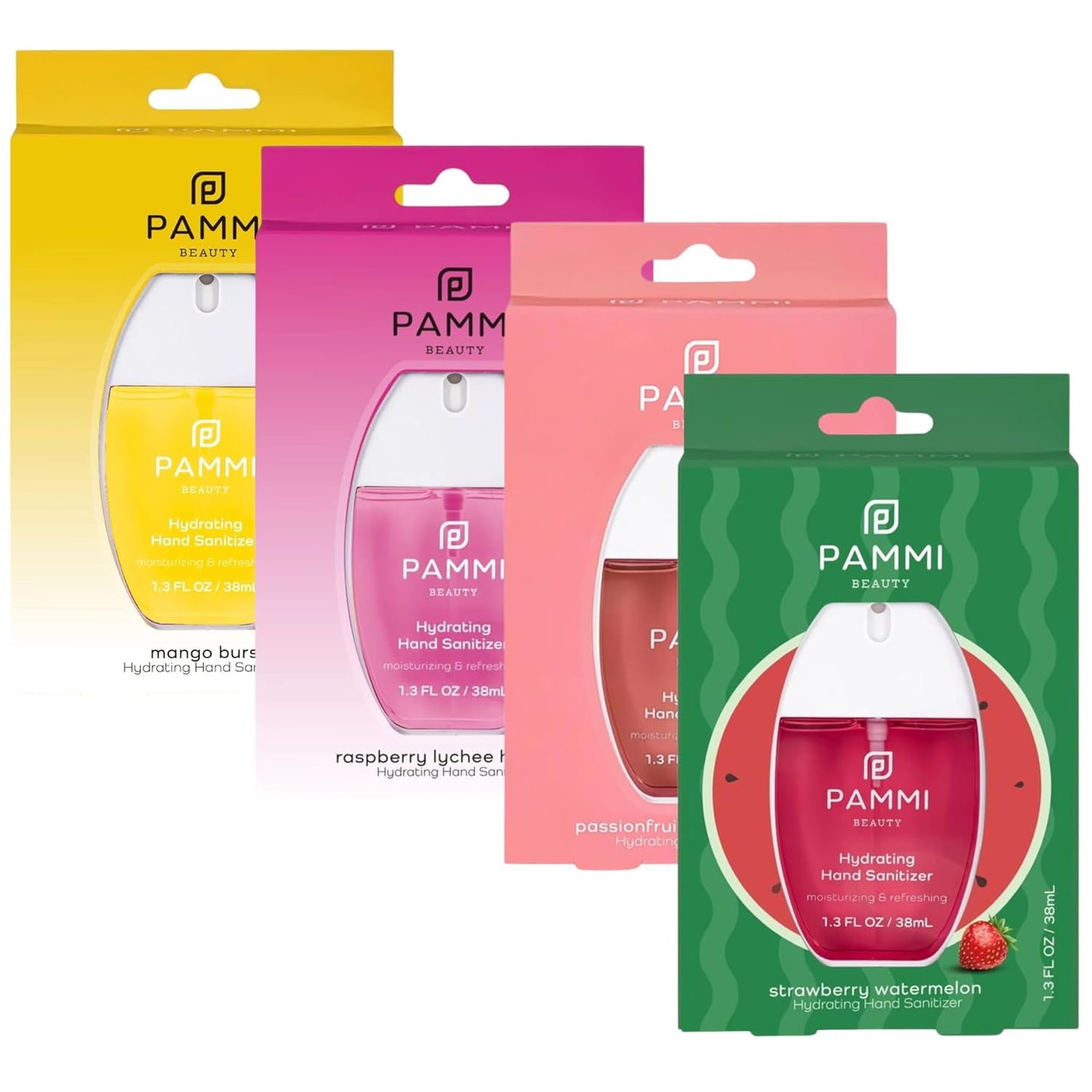 PAMMI Power Mist Hydrating Hand Sanitizer Spray, Portable Travel Size Pocket Hand Sanitizer, Scented Handsanitizer Mini Spray For Car - 600 Sprays (4 Packs (Mango, Guava, Lychee,. Strawberry))