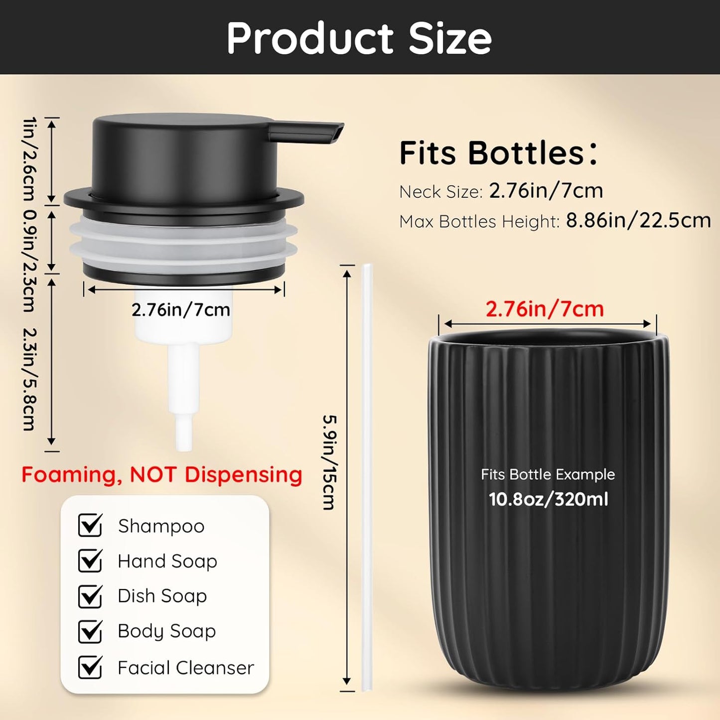 Segbeauty 2pcs Black Foaming Hand Soap Dispenser Pump Replacement, Foam Soap Dispenser Pump Head for Ceramic Dispensers Bottle Kitchen Sink, Pumps Replacement for Bathroom Shampoo Body Wash Container