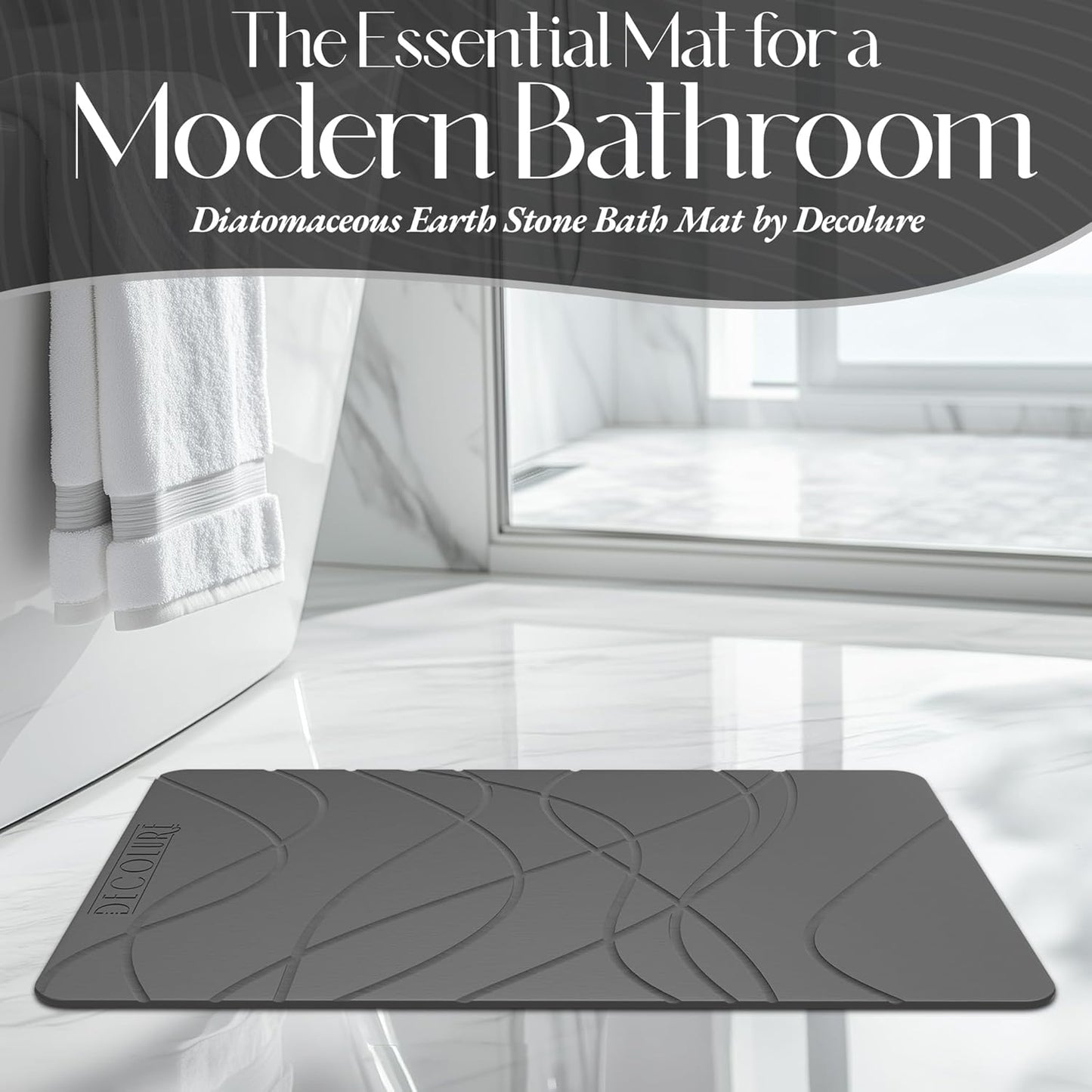 DECOLURE Stone Bath Mat, Quick Dry & Non-Slip Diatomaceous Earth Shower Mat for Bathroom, Luxurious & Easy to Clean Diatomite Stone Mat for Bathroom, Kitchen, High Density (Standard, Grey)