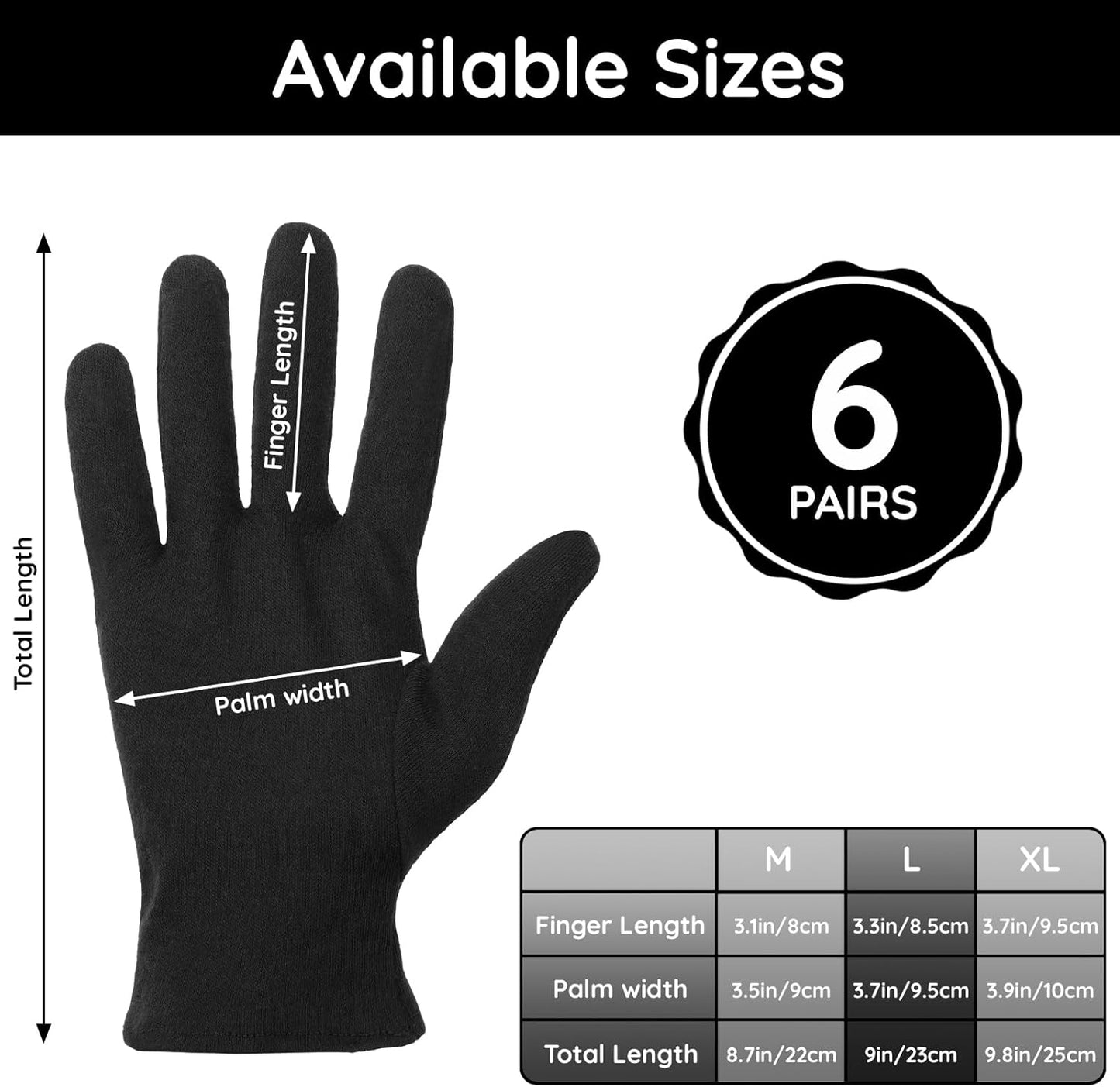 Segbeauty 12 Counts Black Cotton Gloves for Sleeping, 6 Pairs Lotion Hand Moisturizing Cotton Gloves for Dry Hands Overnight, Hand Care Sleep Moisture Glove for Men Dry Hands Reusable Spa Glove Large