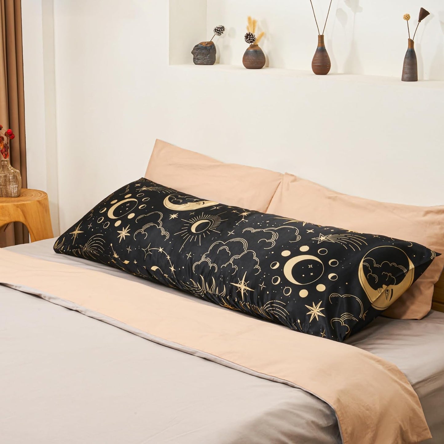 EXQ Home Satin Pillowcase for Hair and Skin - Black Printed Silk Body Pillowcase 20x54 inches - Body Pillow Cases with Envelope Closure, Gifts for Women Men