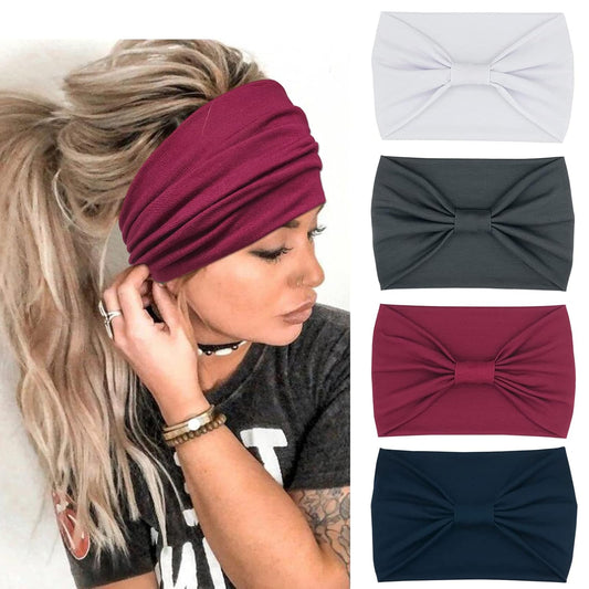 Wide Boho Headbands for Women Fashion Knotted Headband Yoga Workout Hair Accessories African Head Wrap 4 Pack