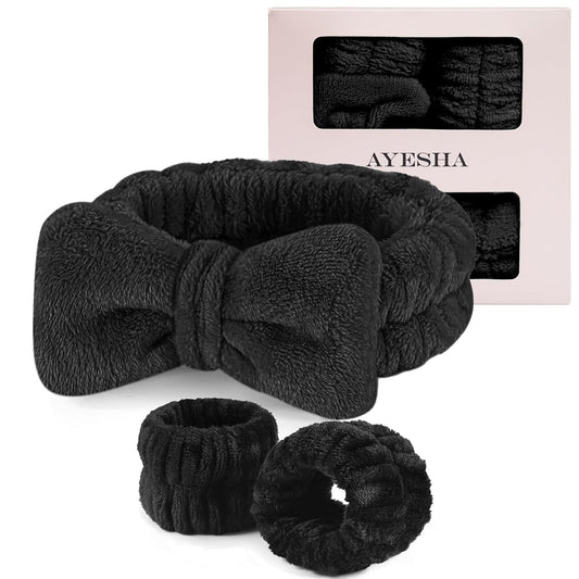 Ayesha Spa Headband and Wristband Set for Skincare Washing Face,Makeup Headband Wrist Cuffs for Preppy Skincare Women Girl(Black set)