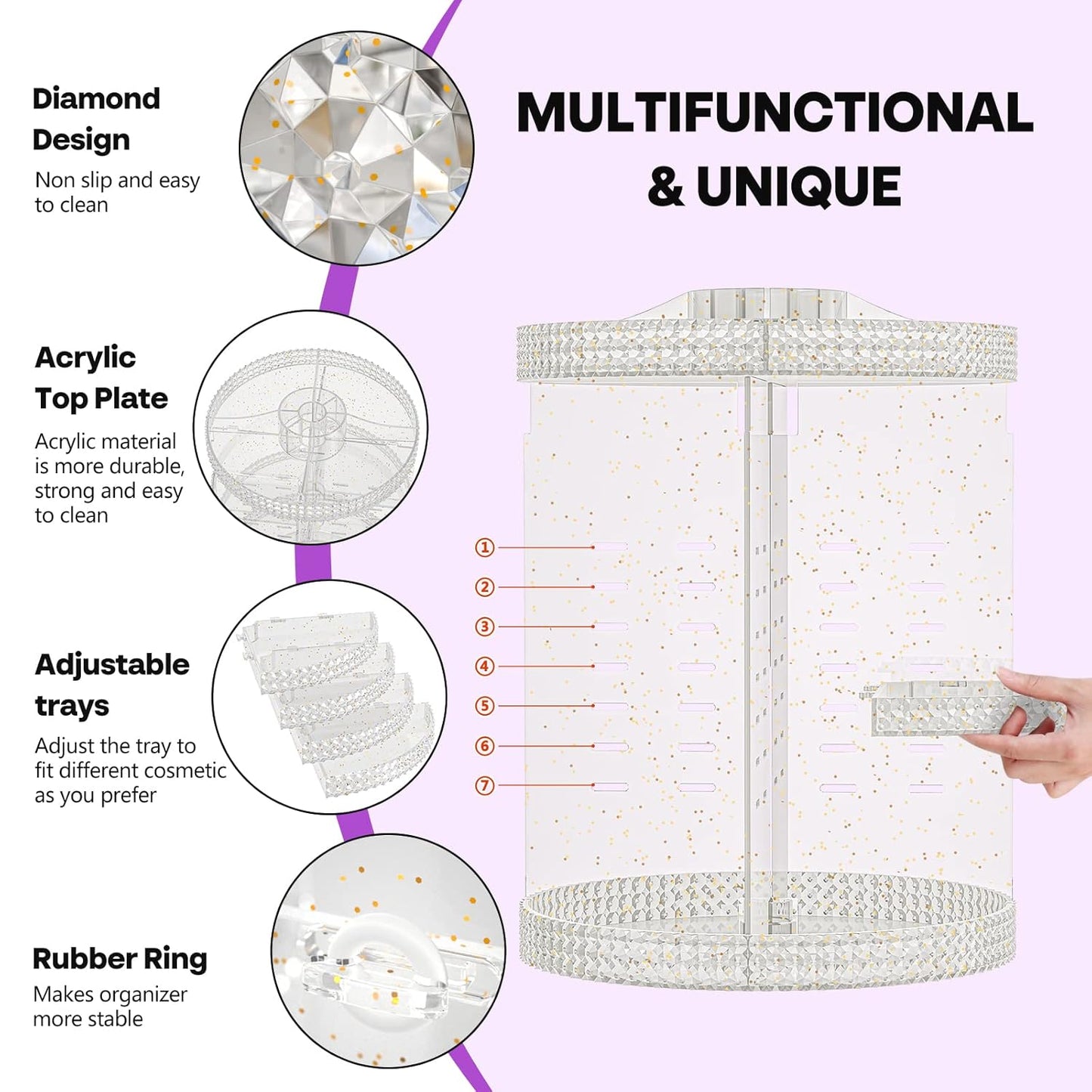 360 Degree Rotating Makeup Organizer, Extra Large Capacity Organizador De Maquillaje, Removable 7 Layers Lipstick Organizer Cosmetic Storage Cases Perfume Organizer for Vanity (Glitter)