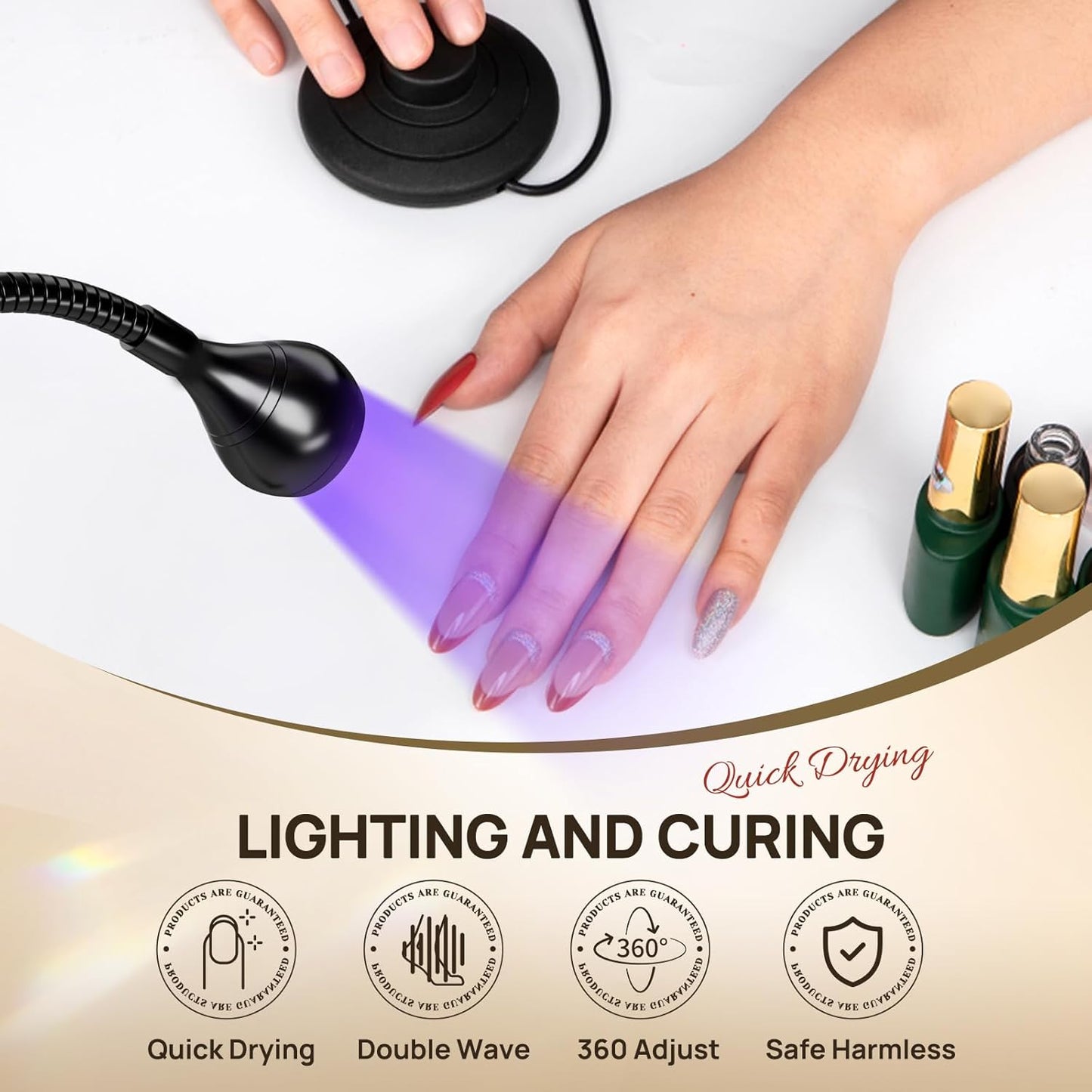 AORAEM UV LED Nail Lamp, Quick Drying UV Light for Gel Nails Foot Control LED Nail Cure Lamp, Flash Cure Light with Black Gooseneck and Clamp for Gel Nails
