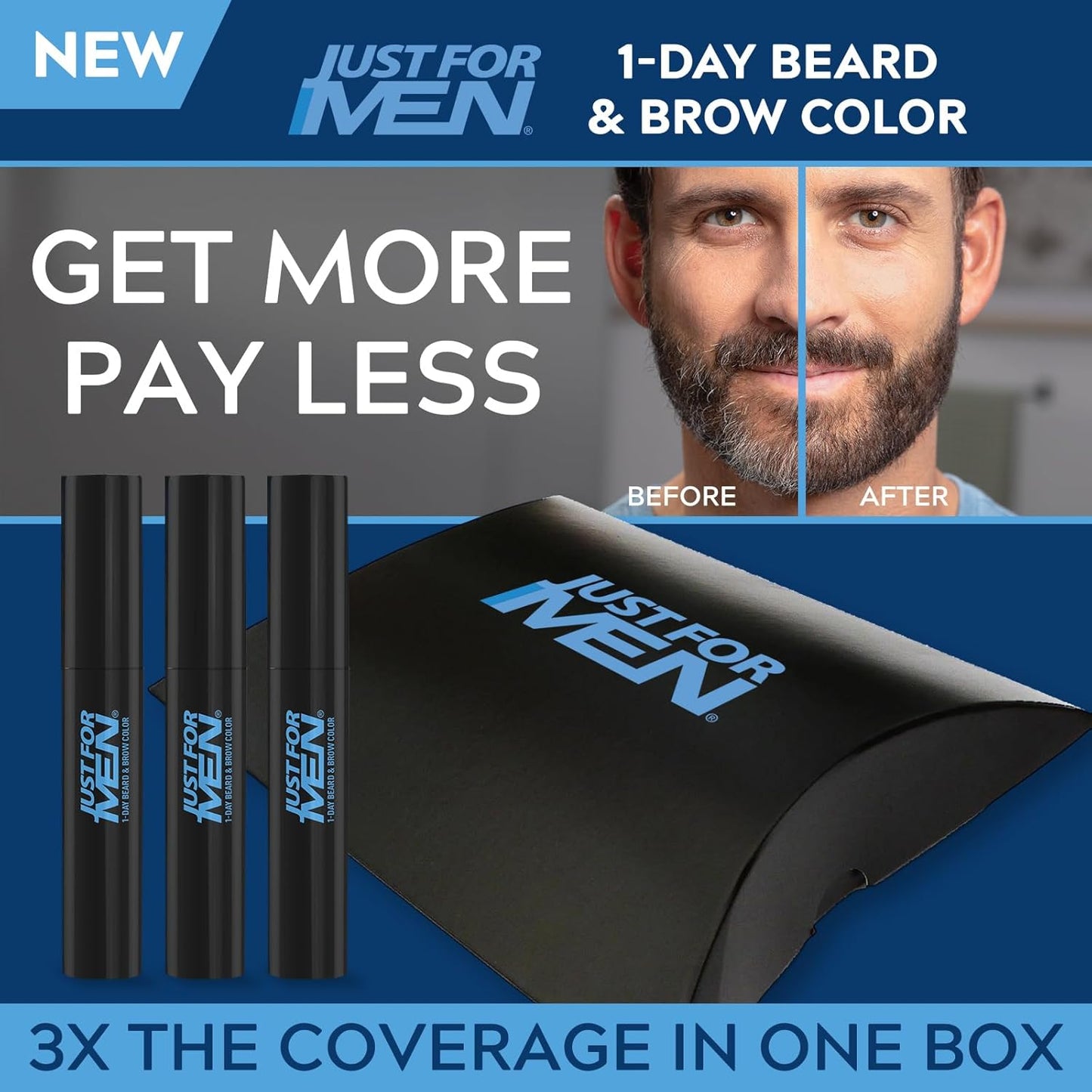 Just for Men 1-Day Beard & Brow Color, Temporary Color for Beard and Eyebrows, For a Fuller, Well-Defined Look, Up to 30 Applications, Black, Ships in Eco-Friendly Packaging (Pack of 3)