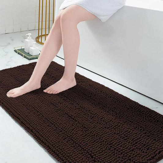 Grandaily Chenille Striped Bathroom Rugs 70x24, Extra Thick and Absorbent Bath Mats, Non-Slip Soft Plush Shaggy Shower Carpet, Machine Wash Dry, Bath Rug for Bathroom, Brown