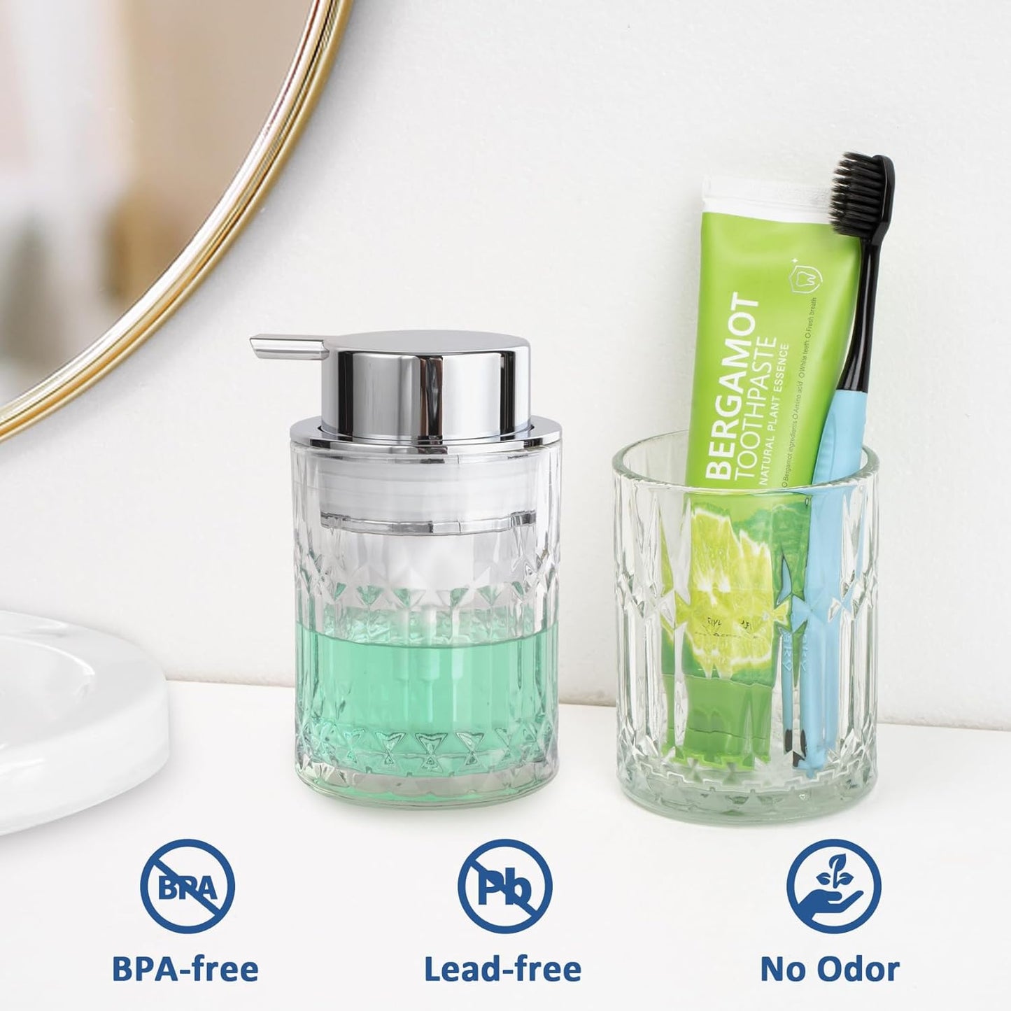 Bathroom Glass Soap Dispenser with Durable Rust-Proof Plastic Foam Pump Hand Lotion Dispenser Antislip Shampoo Kitchen 10oz 2 Pack