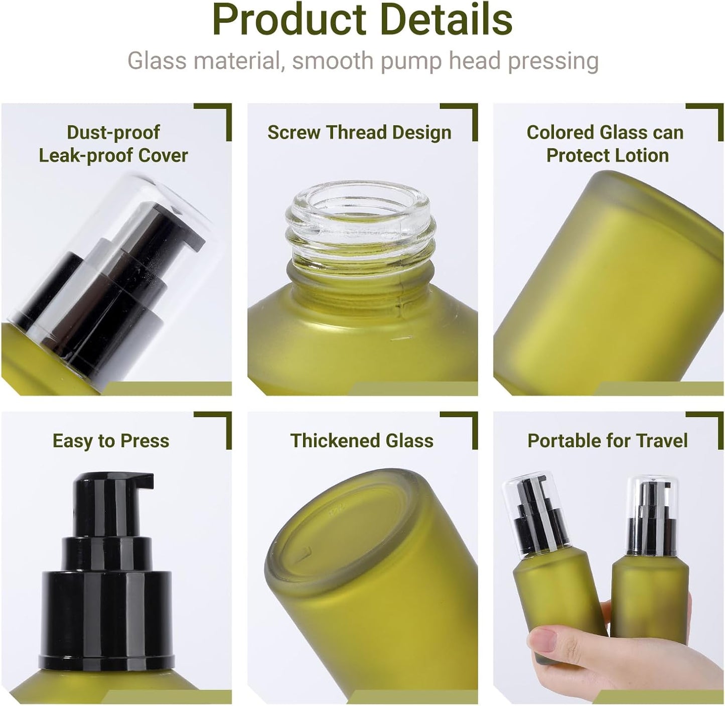 Segbeauty 2oz Frosted Glass Travel Lotion Container Refillable, 5pcs Small Travel Containers for Creams, 60ml Mini Empty Lotion Bottles with Pump Dispenser, Cosmetic Containers Bottle for Oils Creams