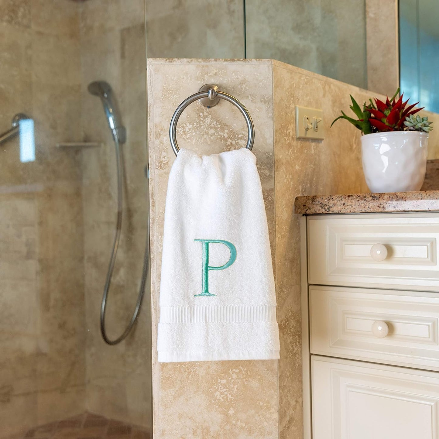 Teal Monogrammed Hand Towel for Bathroom - Initial Hotel Quality Decorative Embroidered Luxury Towel for Powder Room, Spa - GOTS Organic Certified - Pack of 2, Letter P