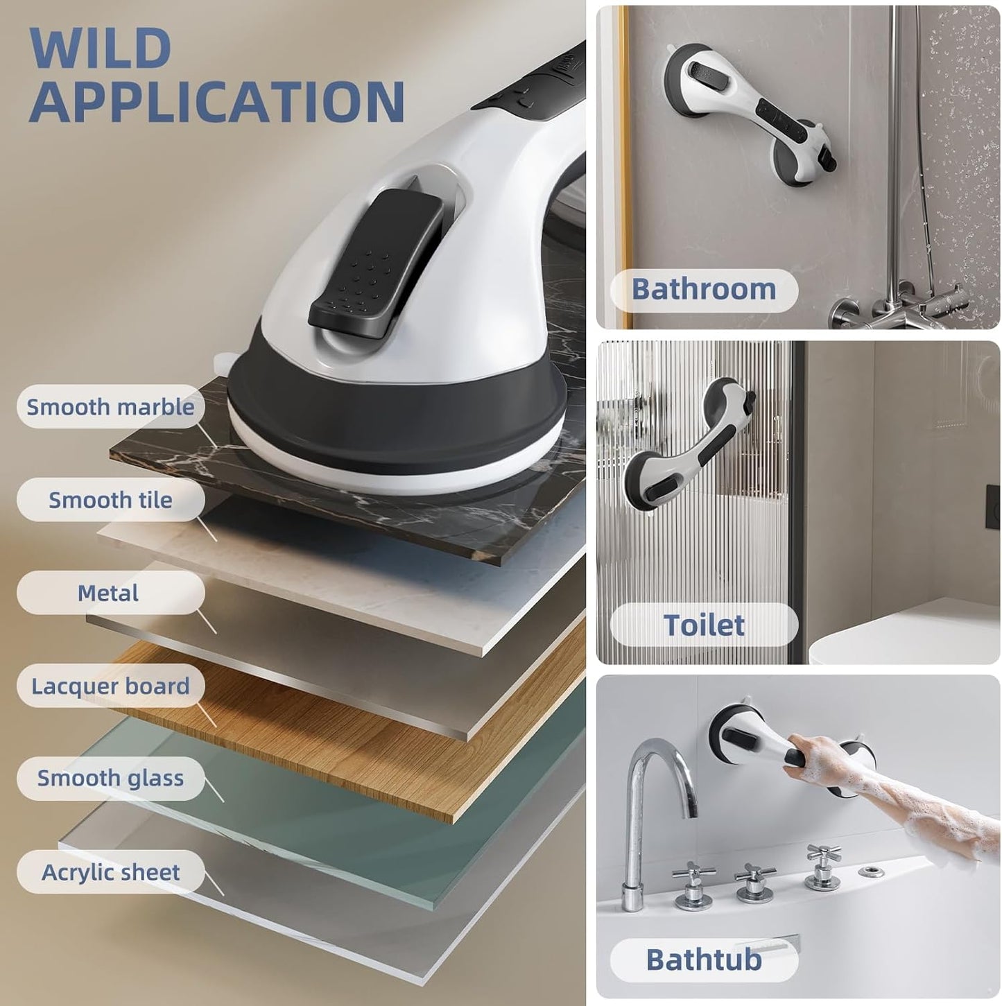 Shower Grab Bar Suction Cup 12 inch, Grab Bars for Bathtubs, Bathroom Safety Grip Shower Handle for Elderly and Seniors, Bath Handrails Removable & Reusable Waterproof, No Drilling, Black