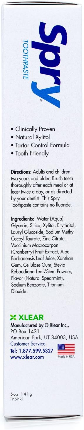 Spry Natural Xylitol Toothpaste 5oz for Adults and Kids - Fluoride Free, Gentle for Sensitive Teeth Whitening and Remineralizing, Breath Freshening, Mouth Moisturizing, Spearmint (Pack of 1)