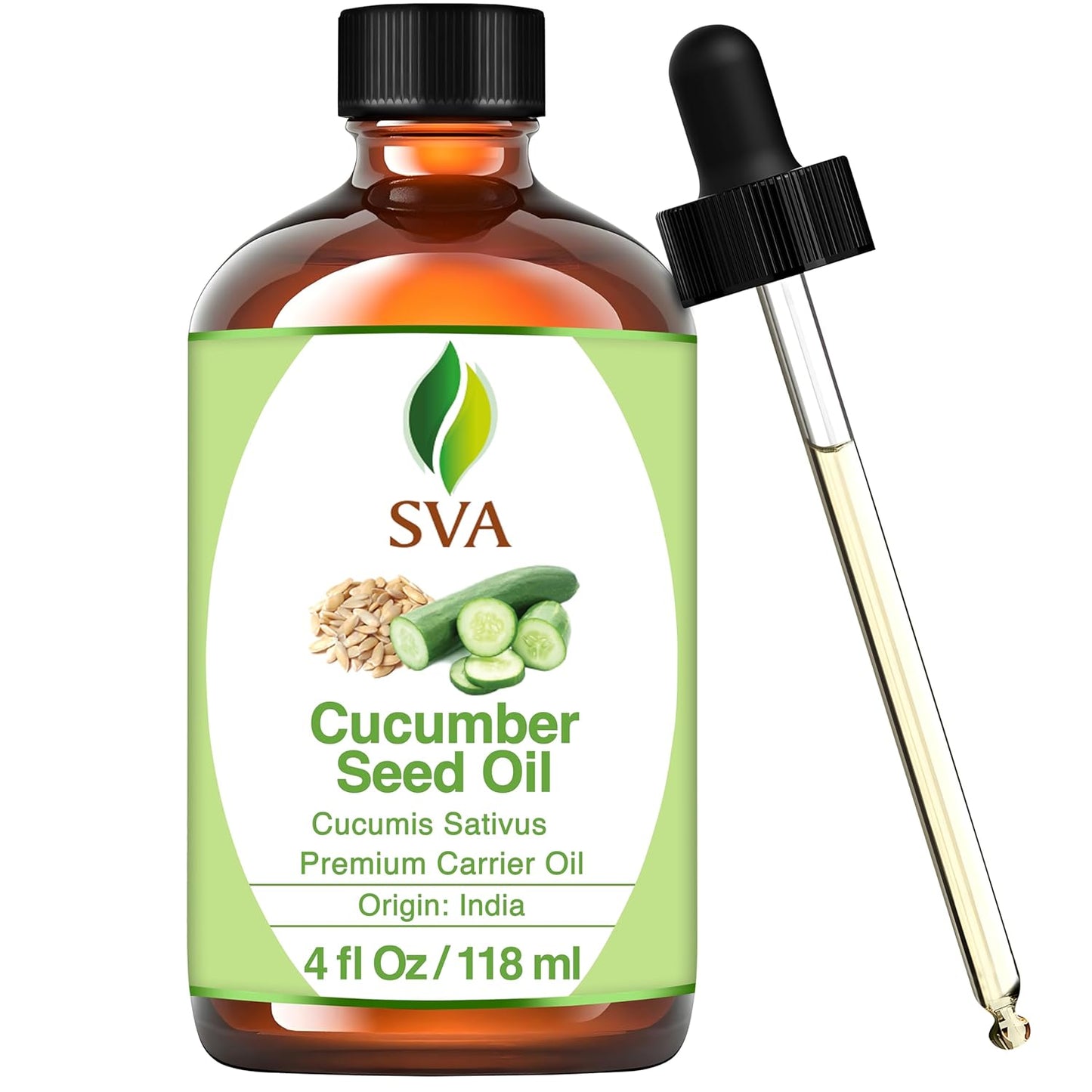 SVA Cucumber Seed Oil - 4 Fl Oz – 100% Natural Cold Pressed Cucumber Oil - for Face, Skin Care, Hair Care, Scalp Massage & Body Massage – Carrier Oil with Dropper