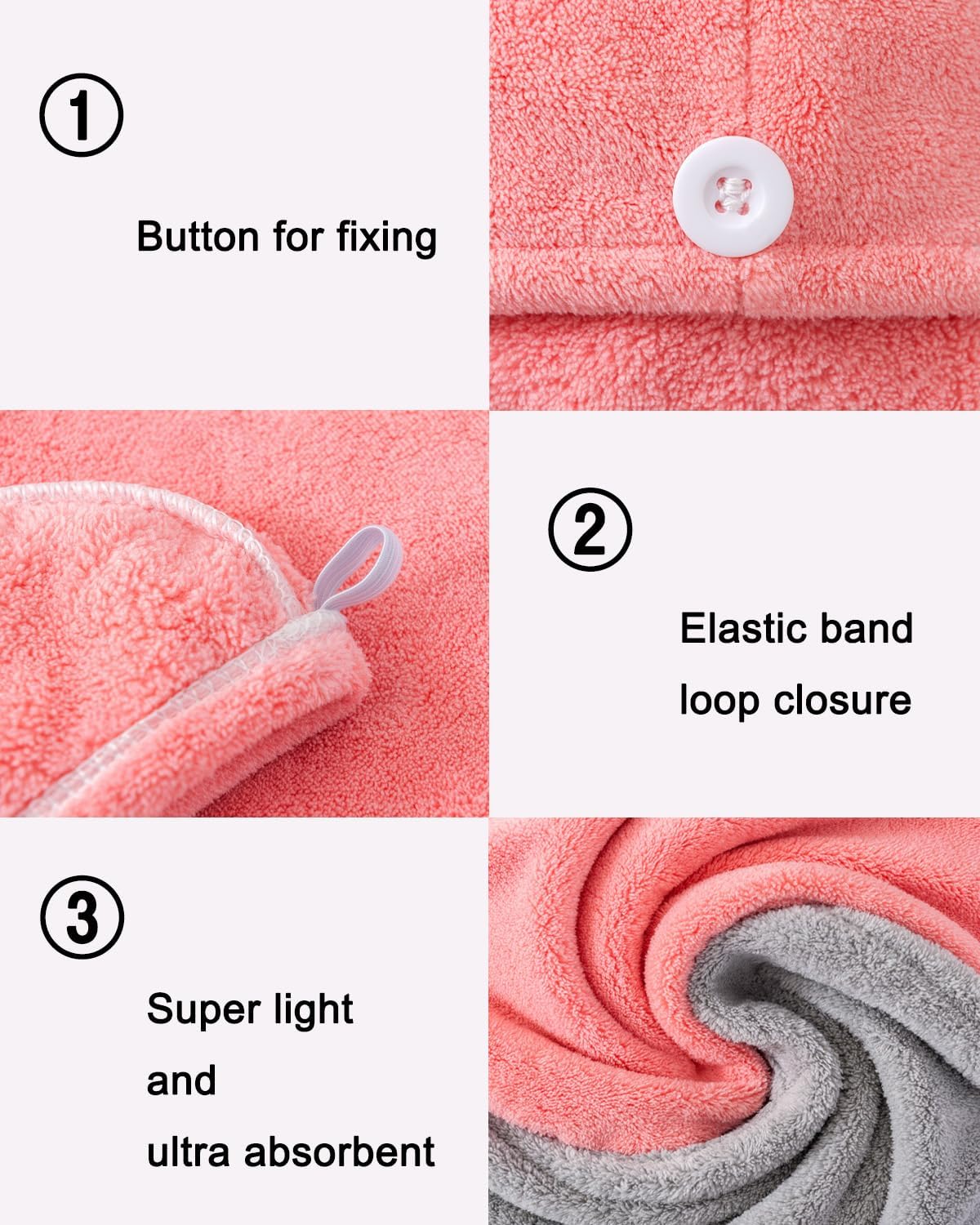 Bath Pre Dry Hair Towel 2 Pack Quick Dry Hair Super Absorbent Lightweight Turban with Button Hair Drying Wrap Shower Wellness, Red Grey