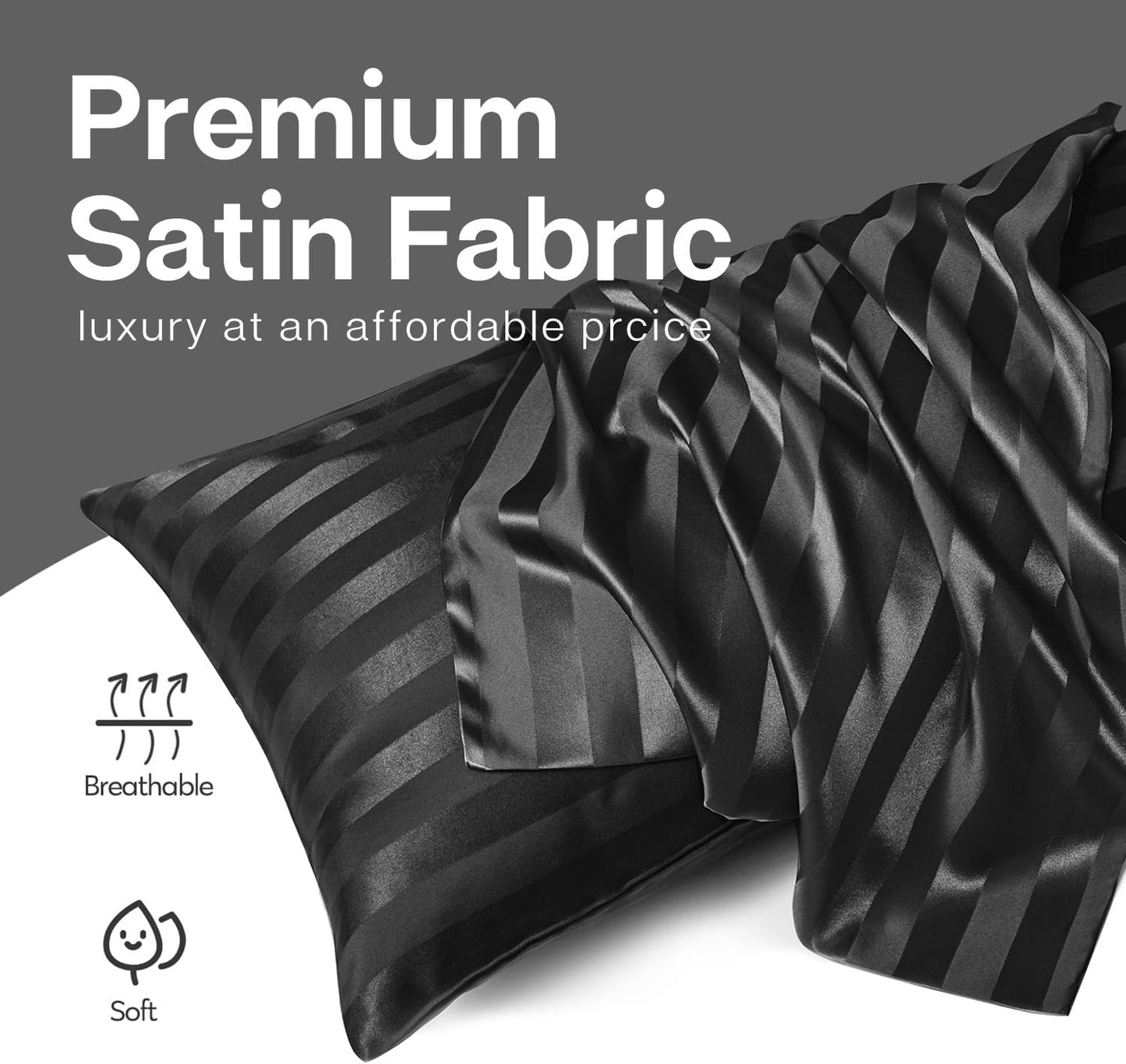 MR&HM Satin Pillowcase for Hair and Skin, Silk Satin Pillowcase 2 Pack, King Size Pillow Cases Set of 2, Silky Pillow Cover with Envelope Closure (20x36, Black Striped)
