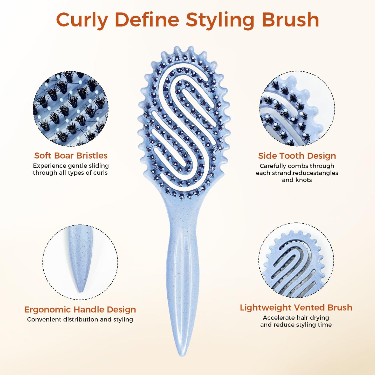 Curly Hair Brush, Curl Defining Brush with Soft Boar Bristles for Combing, Shaping, and Styling Curly Hair Suitable for All Women and Men with Wet & Dry Hair(Blue)