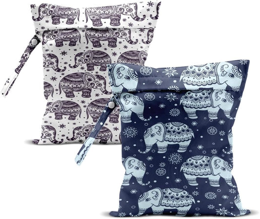 2Pcs Elephant Wet Bag 12x10 Inch, Exotic Elephants Waterproof Travel Laundry Bags, Washable Reusable Wet Dry Bag for Swimsuit Beach Diapers Dirty Yoga Gym Clothes, Elephant Gifts for Women Friend