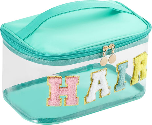 Personalized Chenille Letter Clear Hair Makeup Bag, Large Size Waterproof Nylon Cosmetic Toiletry Storage bag with Top Handle, Transparent Meds Hair Travel Organizer Cosmetic Bag(05Hair-Green)