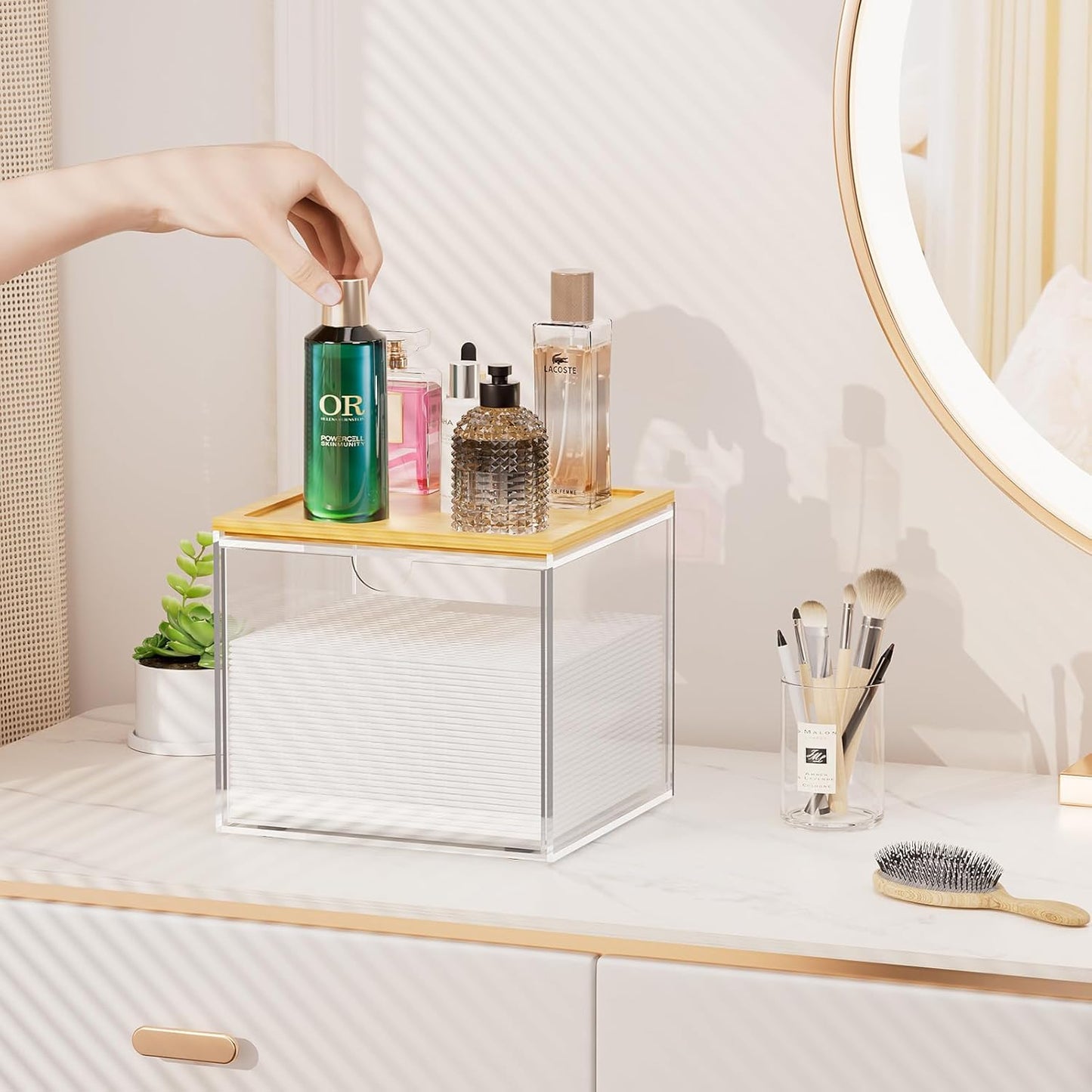 VITVITI Drawer Disposable Face Towel Holder Box, Acrylic Facial Towel Container for XL Clean Skin Club, Large Disposable Face Towel Storage with Bamboo Lid, for Bathroom, Vanity Makeup, Clear