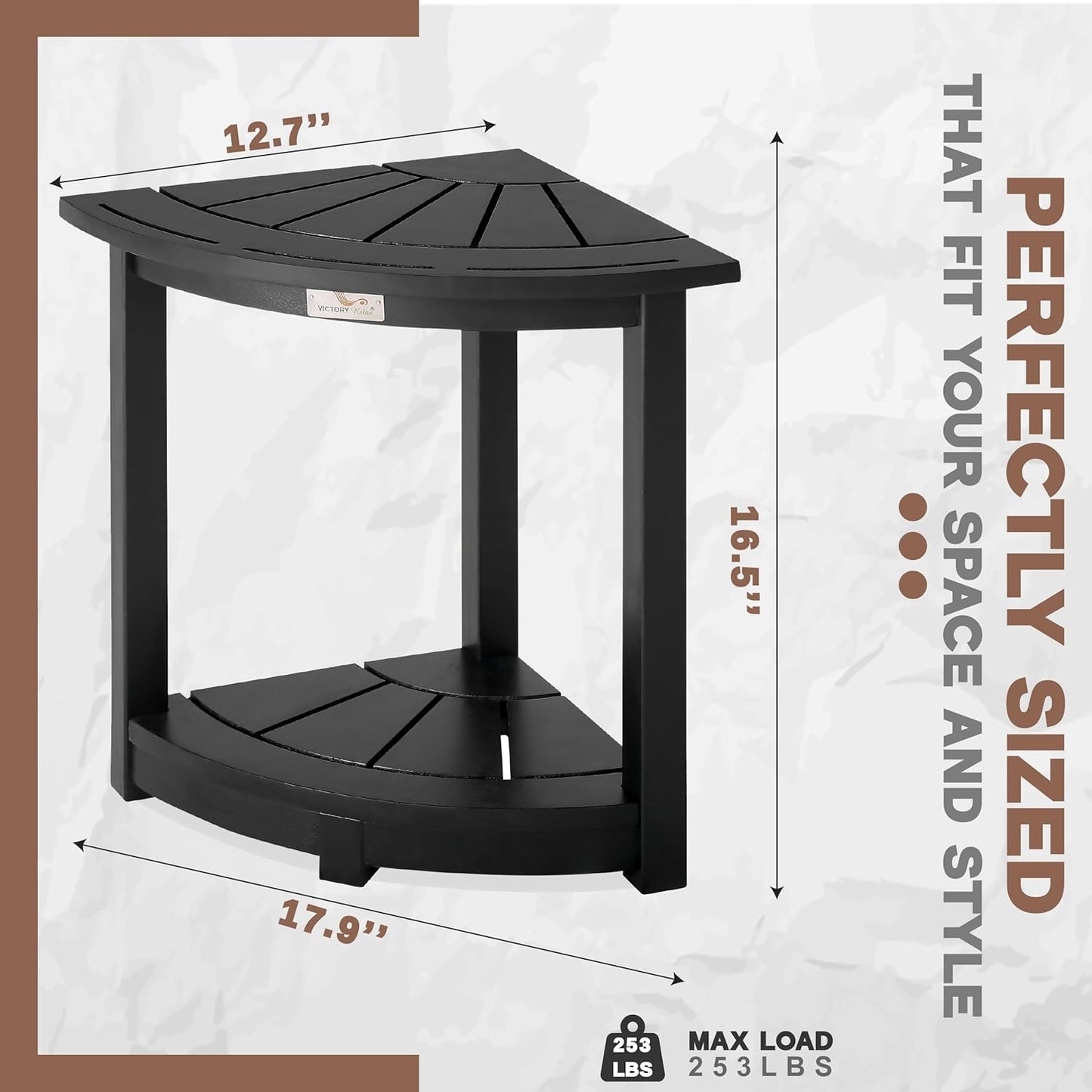 Acacia Corner Shower Stool, Waterproof Spa Foot Rest & Bath Bench with Storage Shelf & Soap Dish, Ideal for Bathroom, Shaving Legs, or as Small Corner Table/Step Stool (Black)