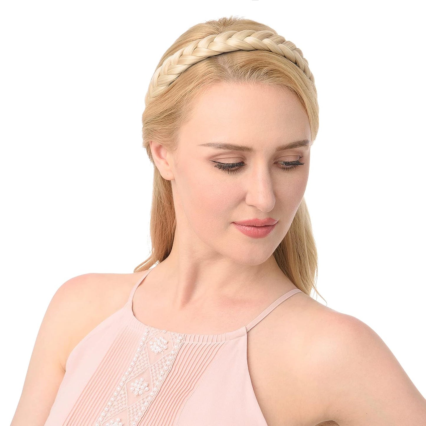 DIGUAN Width 0.9 inches Synthetic Hair Plaited Headband Braid With Teeth Hair Band Accessories for Women Girl (Champagne Blonde)