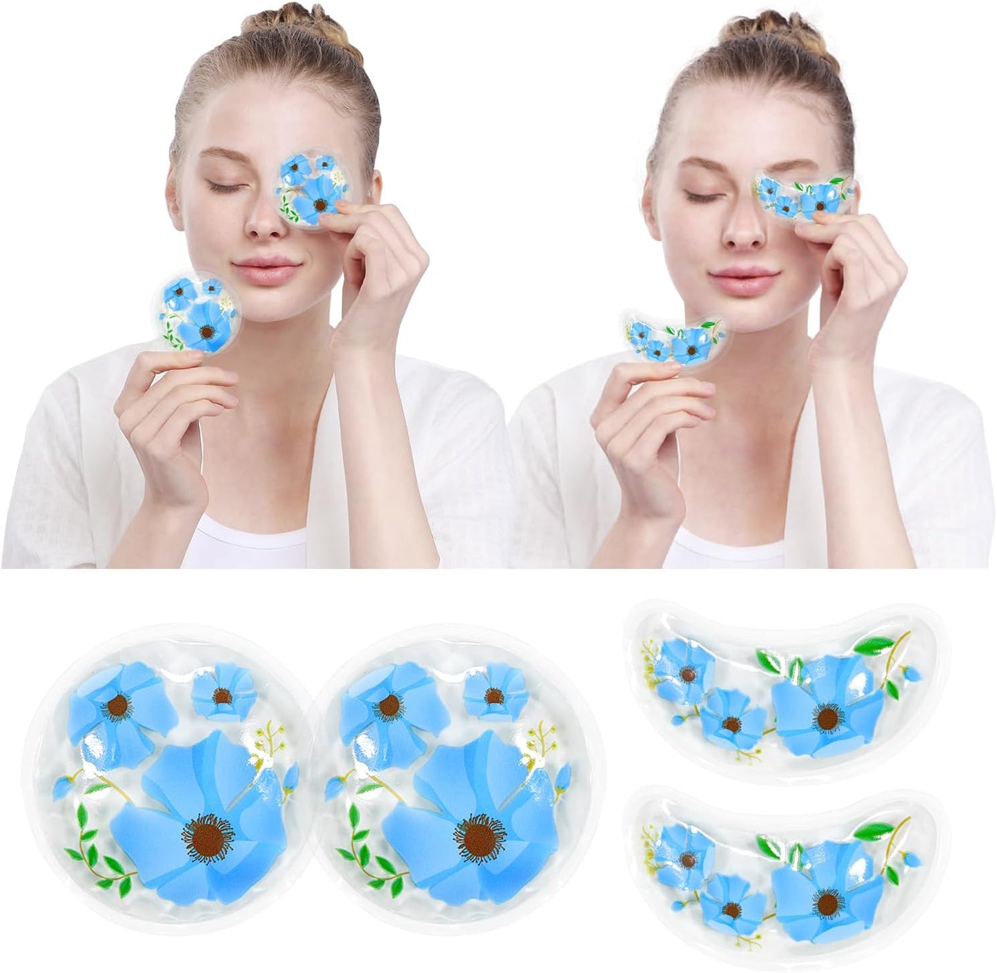 4PCS Gel Eye Ice Pack Set, Cold & Hot Compress, Reusable Cooling Gel Pads for Strain Relief, Swelling, Dark Circles, Redness, Puffy Eyes, Surgery Recovery (4 Blue flowers)