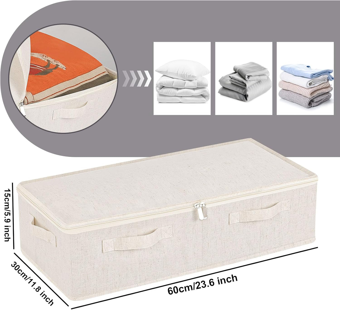 Underbed Storage Container, Foldable Under Bed Bins, Wardrobe Organisers with Lid for Organizing Clothes, Sheets, Blankets, Comforter, 23.6x11.8x5.9in, Beige, 2 Pack