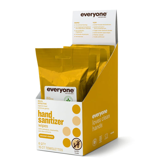 Everyone Hand Sanitizer Wipes, 15 Wipes (Pack of 6), Coconut and Lemon, Made with Sugarcane Derived Alcohol with Essential Oils, TSA friendly