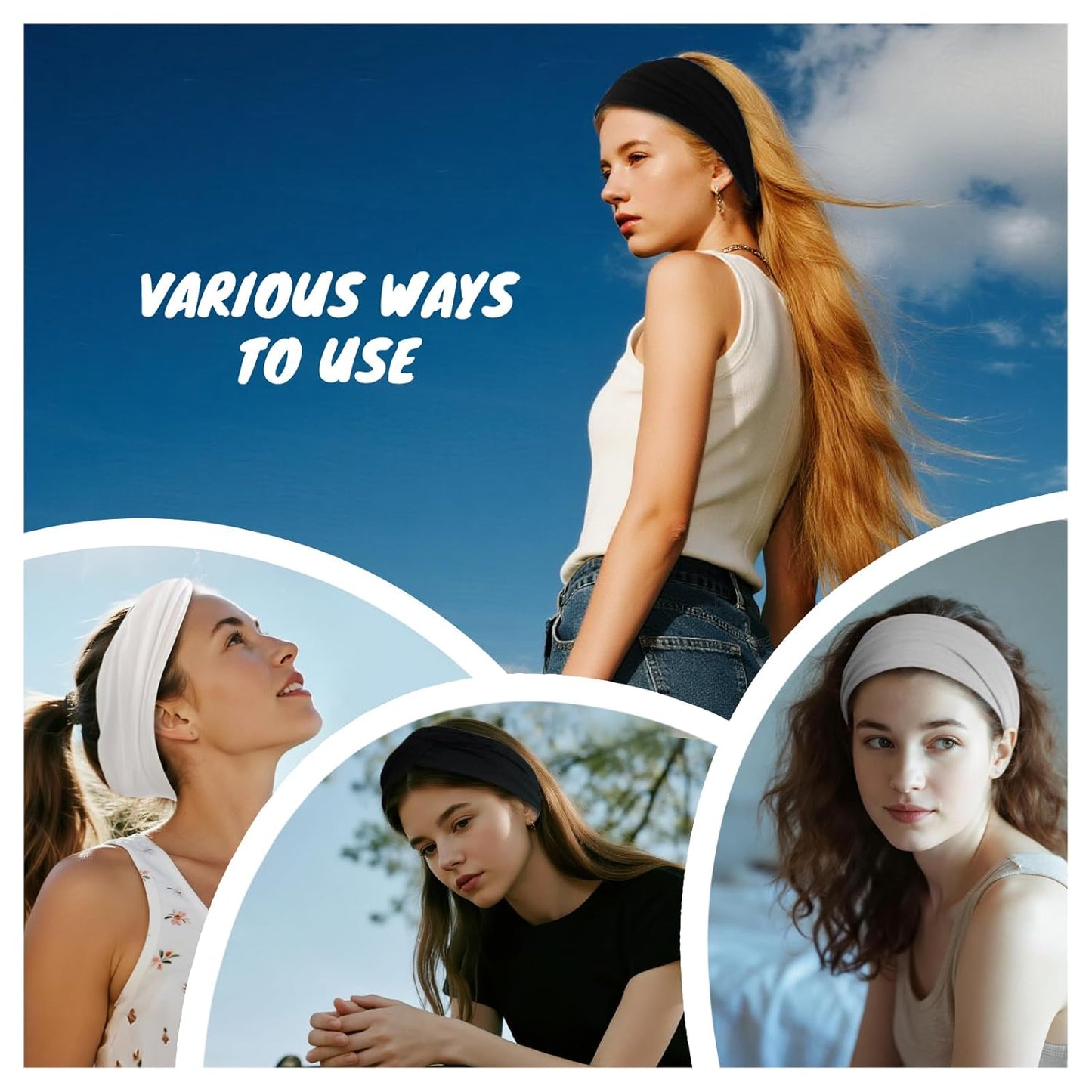 Headbands for Women, Non Silp Wide Hair Bands, Elastic Thick Head Bands, Stretchy Soft Sports Sweat Bands for Spa Workout Running Gym, Cotton Cloth Hair Accessories 6Pcs, Two Black/White/Gray