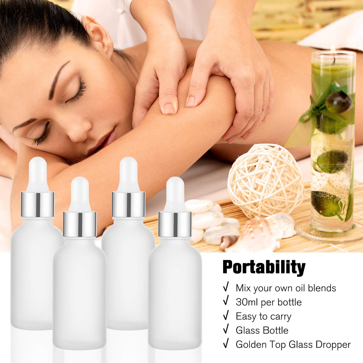 PrettyCare 4 Pack 1oz Dropper Bottle for Essential Oils, 30 ml Frosted Clear Glass Leak Proof Essential Oils Bottles with Labels, Funnels- Empty Tincture Bottles for Personal Care & Beauty