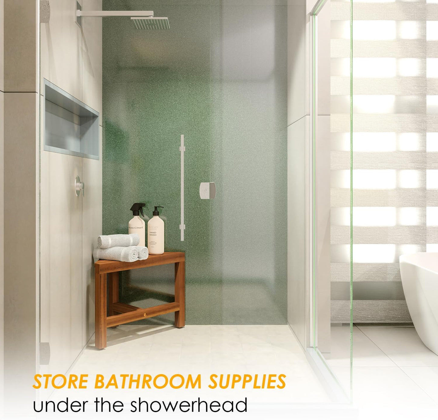 HOLANA 12" Acacia Shower Stool for Shaving Legs - Wooden Shower Foot Rest - Small Shower Corner Stool Seat for Inside Shower - Waterproof Bath Step Stools Bench for Bathroom (Acacia Wood)